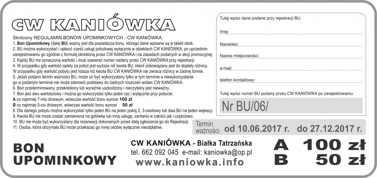BON UPOMINKOWY CW KANIOWKA