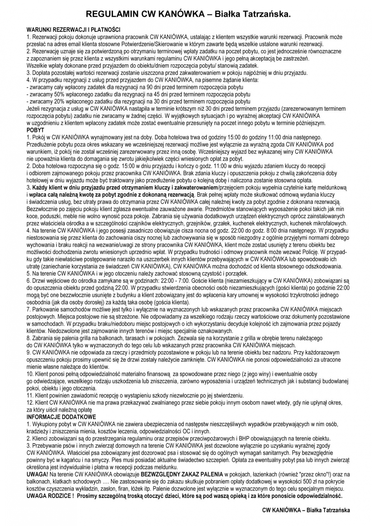 Regulamin CW KANIWKA